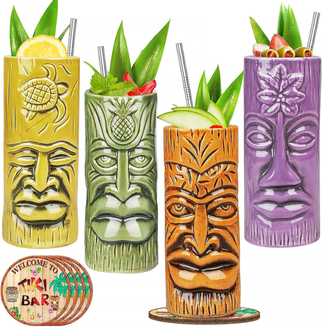 Tiki-Tassen-Set, Hawaii-Party-Becher aus Keramik mit Untersetzer, für Cocktails, hochwertiges Tassen
