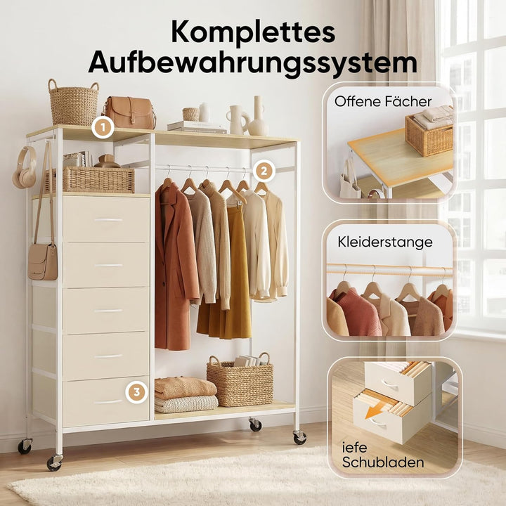 HOKEEPER Kleiderständer auf Rollen | Kleiderstange, Kleiderschrank, Clothes Rack, 4 Rollen, 2 festst