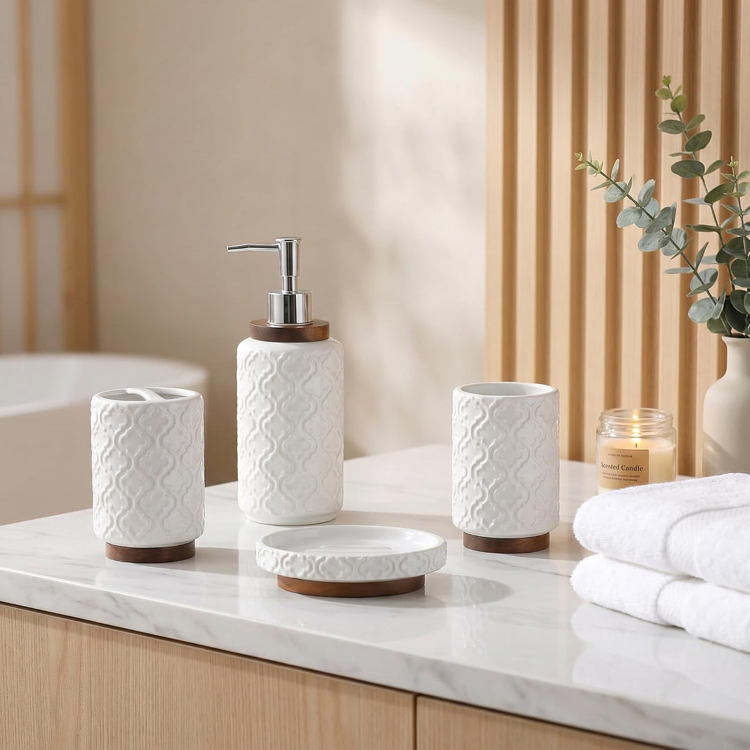 RQYIXI Geprägtes Keramik-Badezimmer-Zubehör-Set mit dunkelbraunem gebranntem Holz, marokkanisches Ra