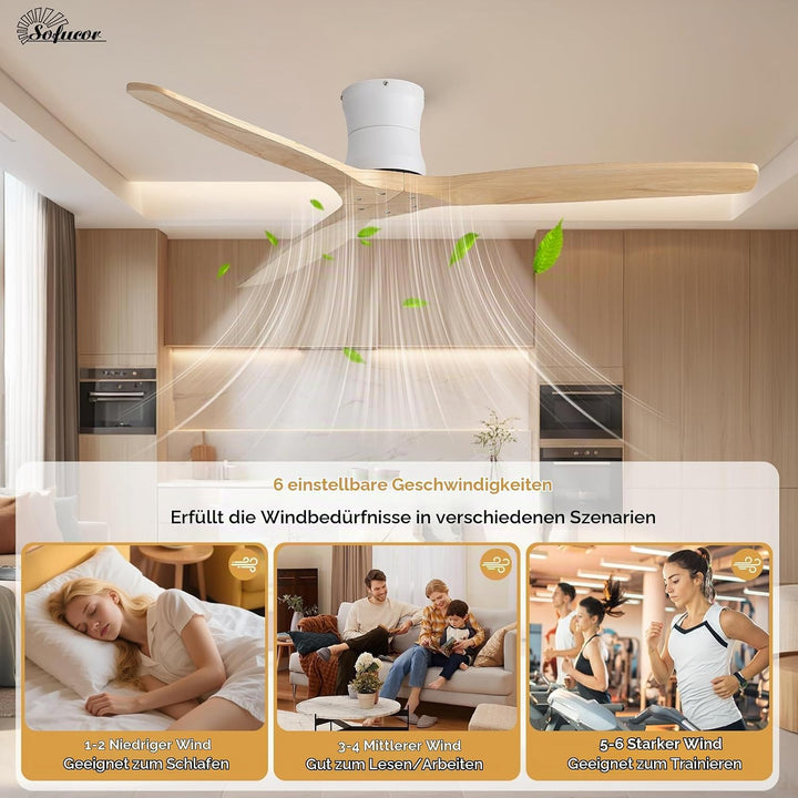 Sofucor Smart Deckenventilator mit Alexa/APP, Massivholz ,132cm Naturholz 132cm Pro, Naturholz 132cm