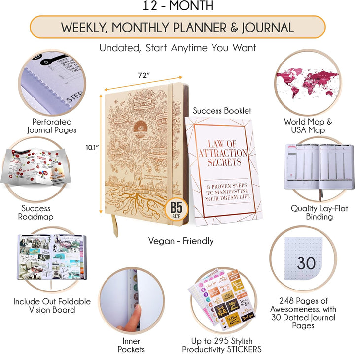 Law of Attraction Planer – undatierter Deluxe-Wochenplaner, Monatsplaner, eine 12-monatige Reise zur