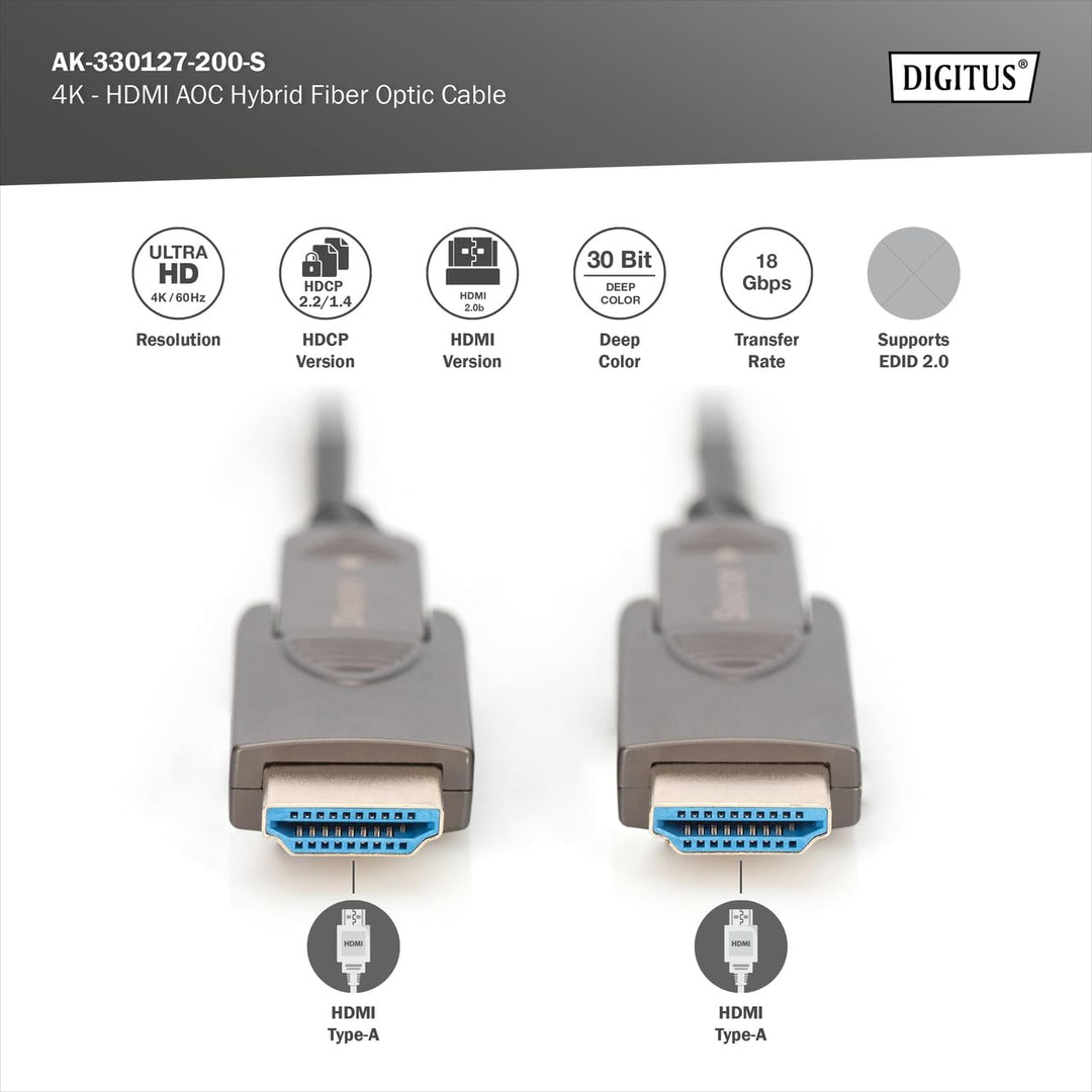 DIGITUS Glasfaser HDMI-Kabel – 20 m – UHD 4k 60Hz – abnehmbare Stecker, 20 m