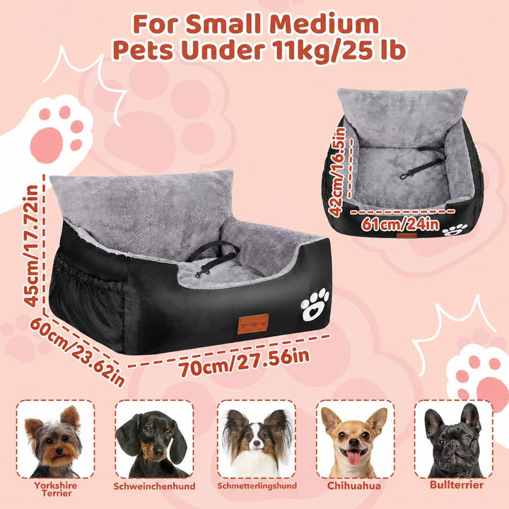 Hunde Autositz, 70x60x45cm, 2 Ansteckbare, Verstellbare Sicherheitsleinen, Auto-Hundebett für kleine