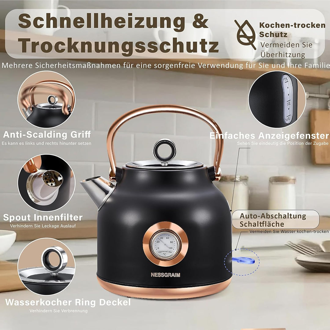 NESSGRAIM Retro Wasserkocher, 1,7 l Edelstahl-Teekessel mit Grosser Temperaturanzeige, 2200W Schnell