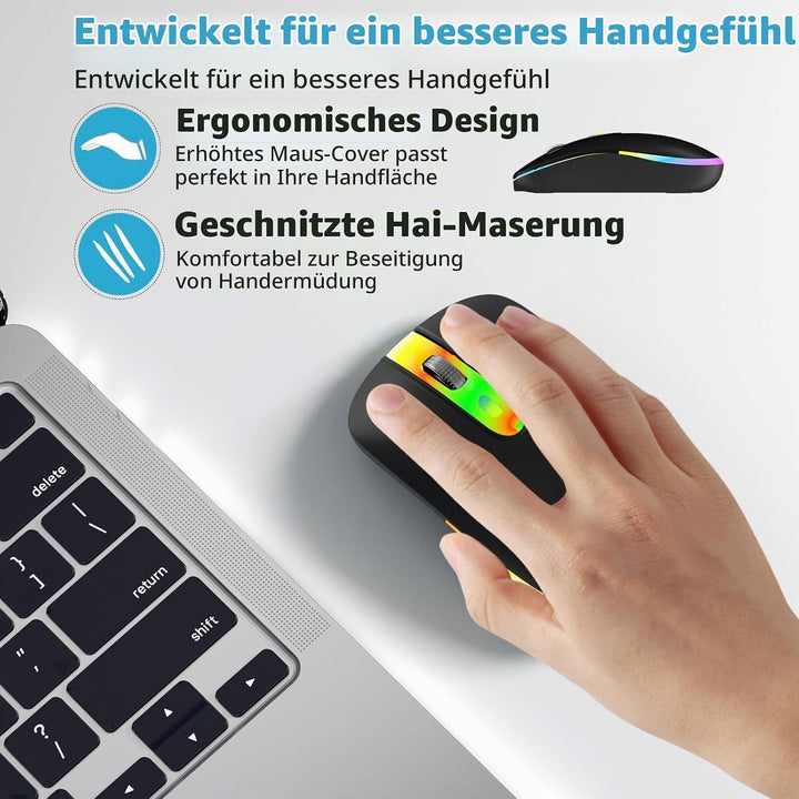 Maus Kabellos 2.4G USB Funkmaus 3DPI Wiederaufladbare Laptop mit USB-Empfänger 7 Typen LED Beleuchte
