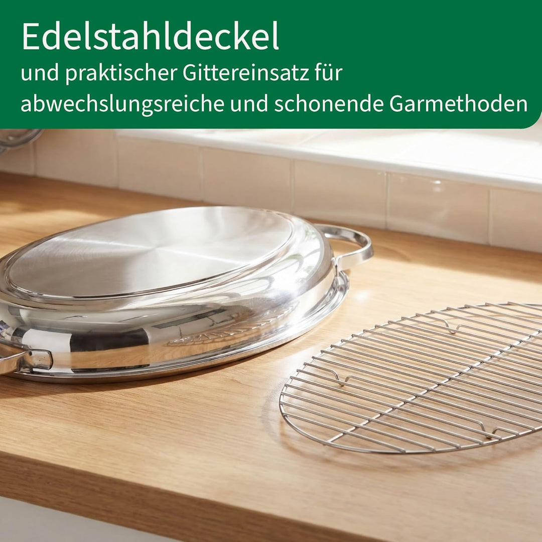 Chefkoch trifft Fackelmann Bräter Rosenheim – Ø38 cm, mit Edelstahldeckel, Gussgriff und Rosteinsatz