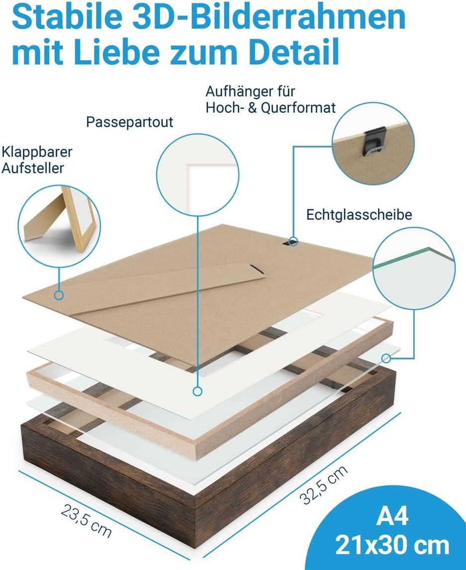 PHOTOLINI 3D Bilderrahmen zum Befüllen 21x30 A4 Eiche dunkel, 1,5 cm tiefer Objektrahmen mit Glas, t