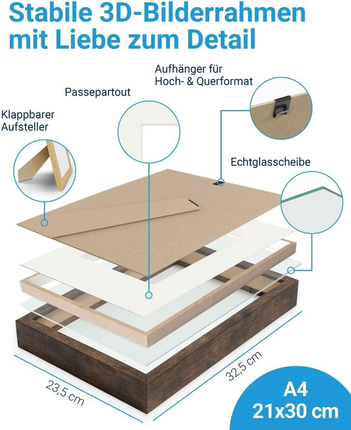 PHOTOLINI 3D Bilderrahmen zum Befüllen 21x30 A4 Eiche dunkel, 1,5 cm tiefer Objektrahmen mit Glas, t