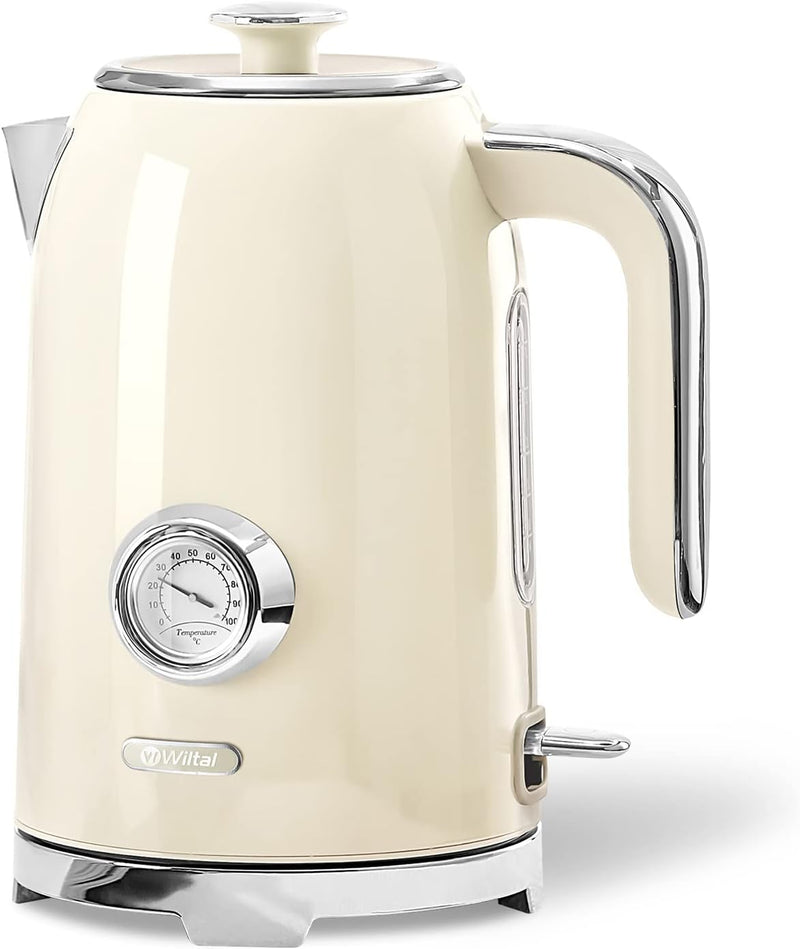 Wiltal Wasserkocher [1,7L, 2200W], Retro Creme, Edelstahl, Toaster Wasserkocher set Retro (Wassertem