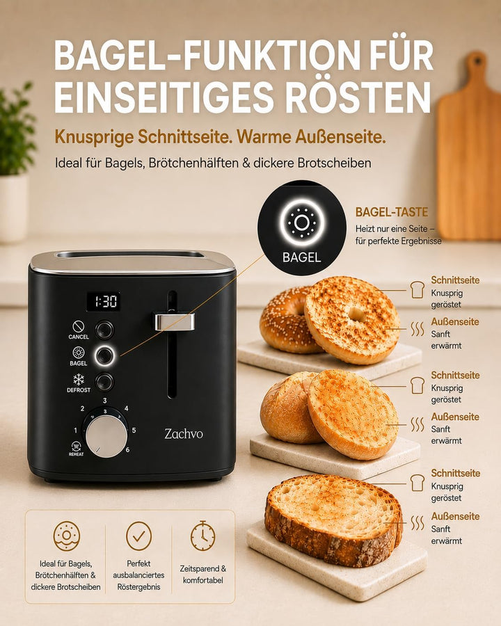 Edelstahl 2 Scheiben Toaster mit LED-Countdown & Brötchenaufsatz, extra breite 3,5 cm Schlitze für T