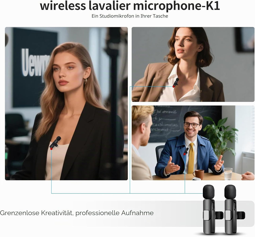 Kabelloses Lavalier-Mikrofon für iPhone iPad & Android - 2er-Pack Mini-Clip-On-Mikrofon mit Geräusch
