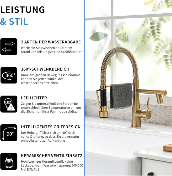 TIMACO LED Wasserhahn Küche Gebürstetes Gold mit Schloss Brause Ausziehbar - 360° Schwenkbare- Pull-