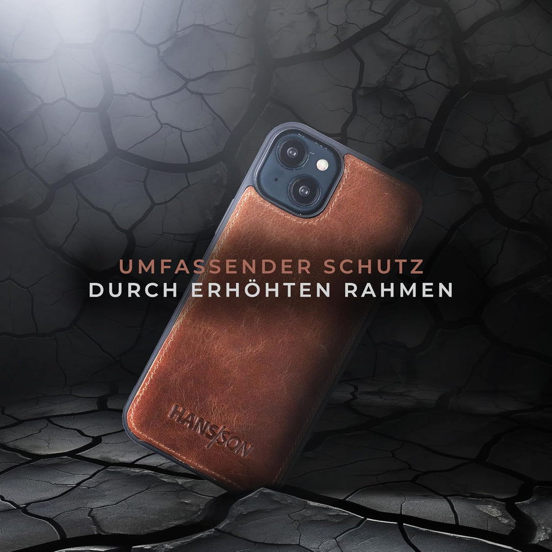 HANS/SON Lederhülle mit Kartenfächern | iPhone 14 | Echtleder | 6,1 Zoll | Schmal | Klapphülle | Sto