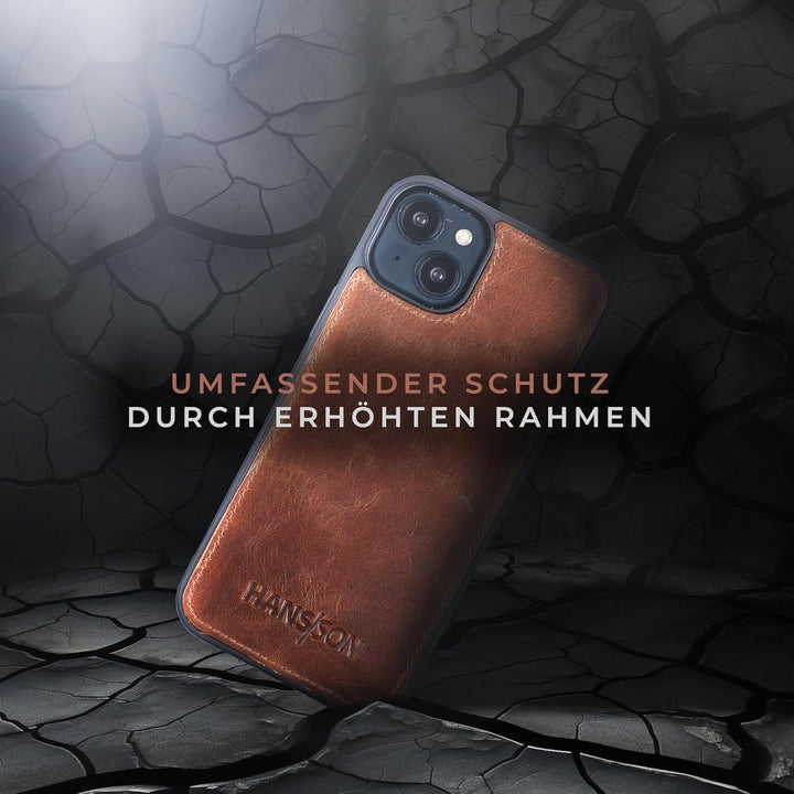 HANS/SON Lederhülle mit Kartenfächern | iPhone 14 | Echtleder | 6,1 Zoll | Schmal | Klapphülle | Sto