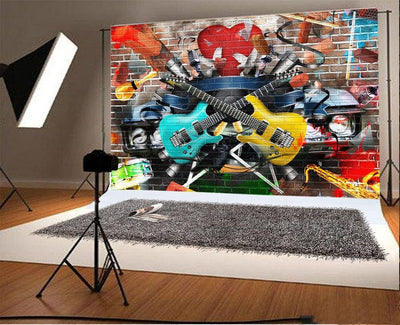 Renaiss 3x2m Graffiti Gitarre Hintergrund Graffiti Brick Wall Fotografie Hintergrund 80S 90S Rock St