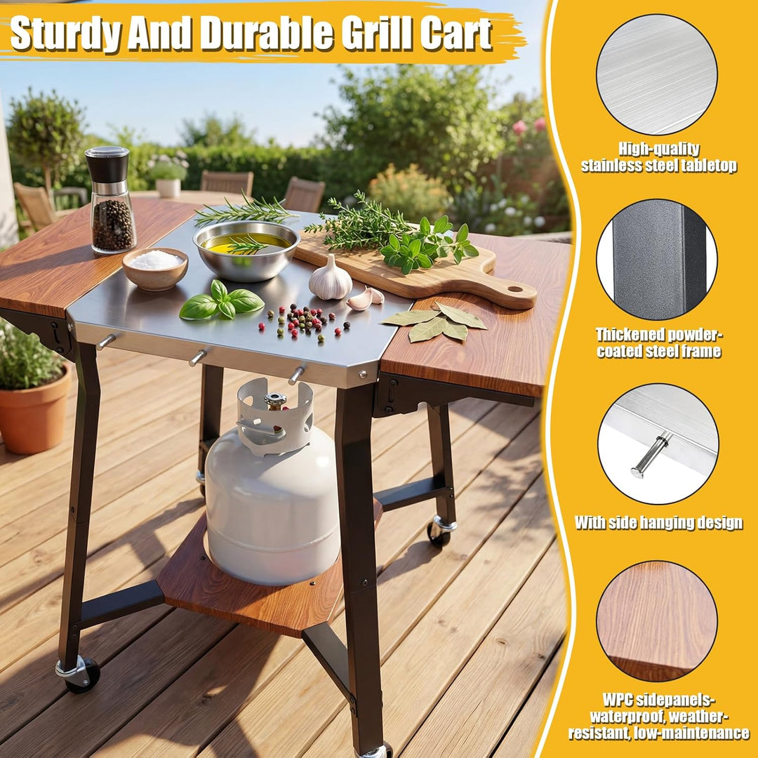 GFTIME Grillwagen mit Edelstahl-Arbeitsplatte, BBQ Wagen mit 2 klappbaren Seitenablagen, Gasflaschen