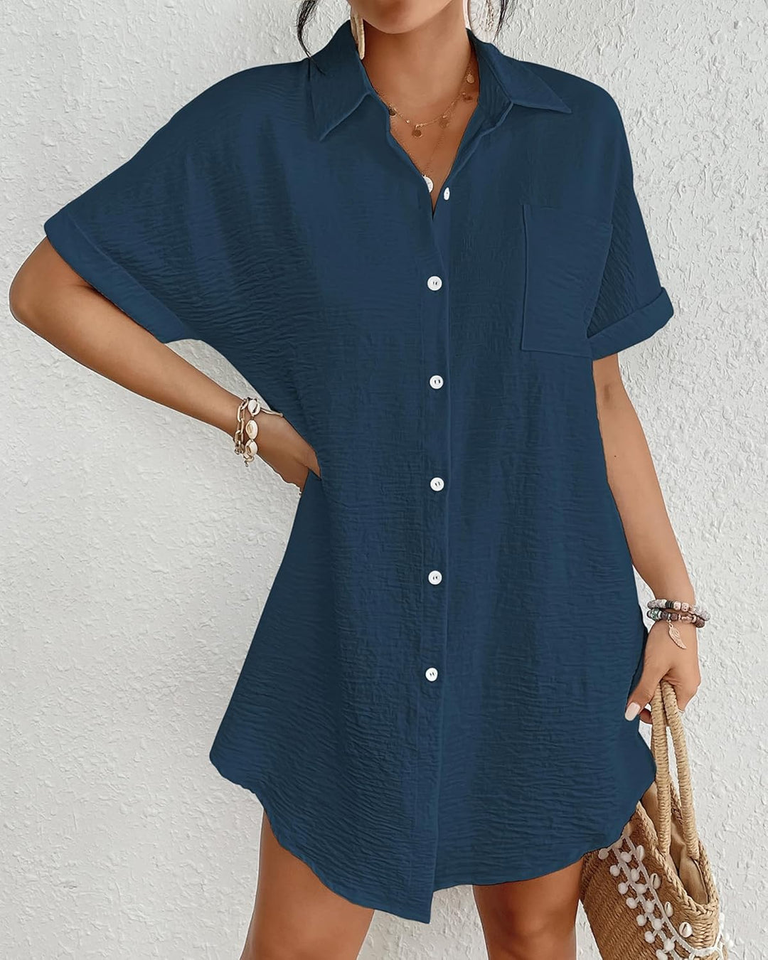 Bsubseach Frauen Badeanzug Coverup Shirt Kleid Button Down Badeanzug Cover Up Beachwear Marineblau S