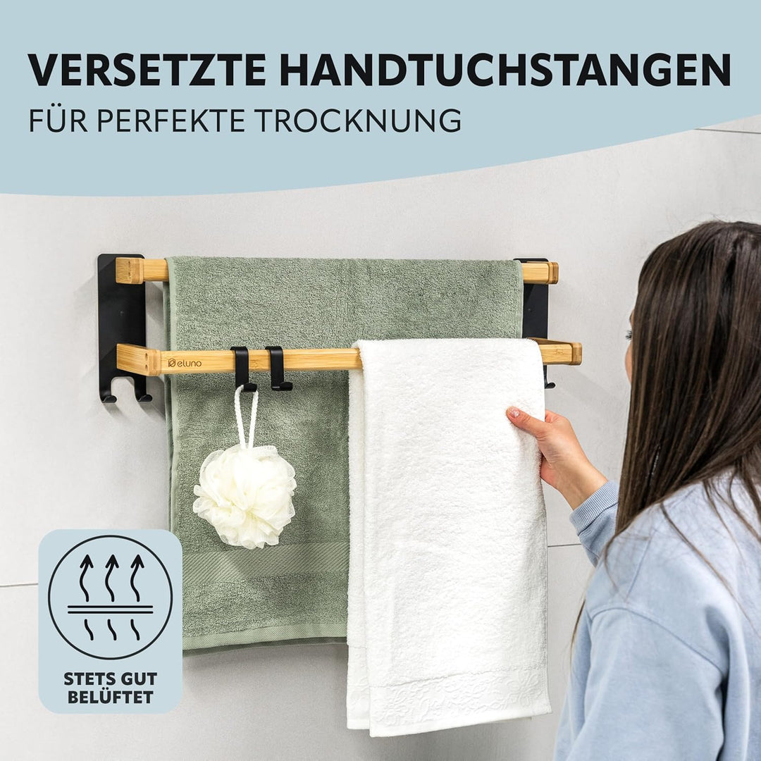 eluno Handtuchhalter 60 cm mit 2 Handtuchstangen und 6 praktischen Haken - mit hochwertigem Klebeban