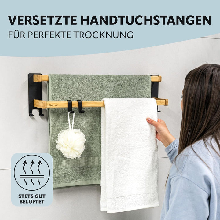 eluno Handtuchhalter 60 cm mit 2 Handtuchstangen und 6 praktischen Haken - mit hochwertigem Klebeban