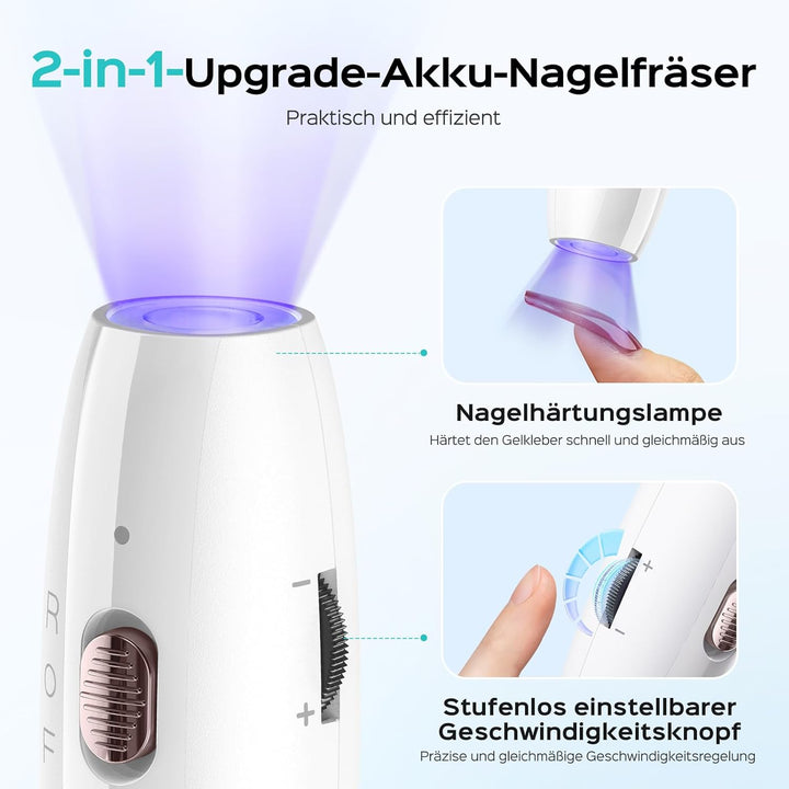 COSLUS Professionell Nagelfräser Kabellos Tragbar: Elektrische Nagelfeile Stufenlos mit Licht für Ge