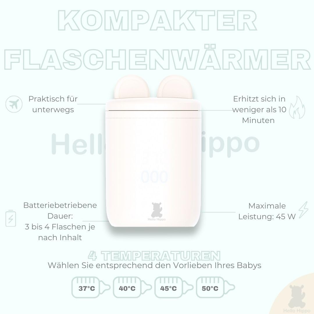 Hello Hippo - Mobiler Babyflaschenwärmer: USB-C Aufladbar, Anti-Auslauf, Kompatibel mit Philips Aven