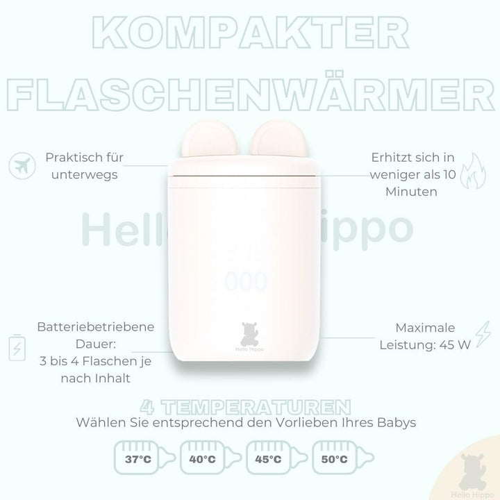 Hello Hippo - Mobiler Babyflaschenwärmer: USB-C Aufladbar, Anti-Auslauf, Kompatibel mit Philips Aven