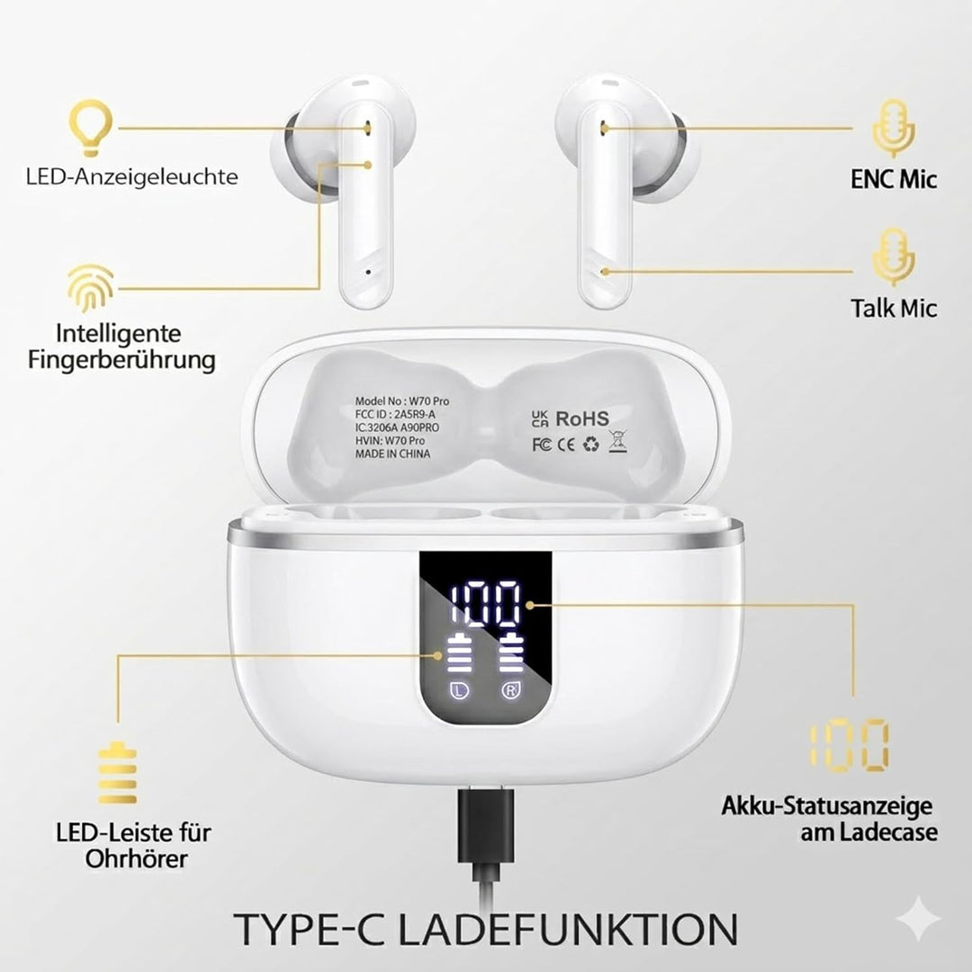 W70 Pro Bluetooth Kopfhörer In-Ear, Bluetooth 5.4 Wireless Earbuds mit HiFi-Sound, Sport Ohrhörer mi
