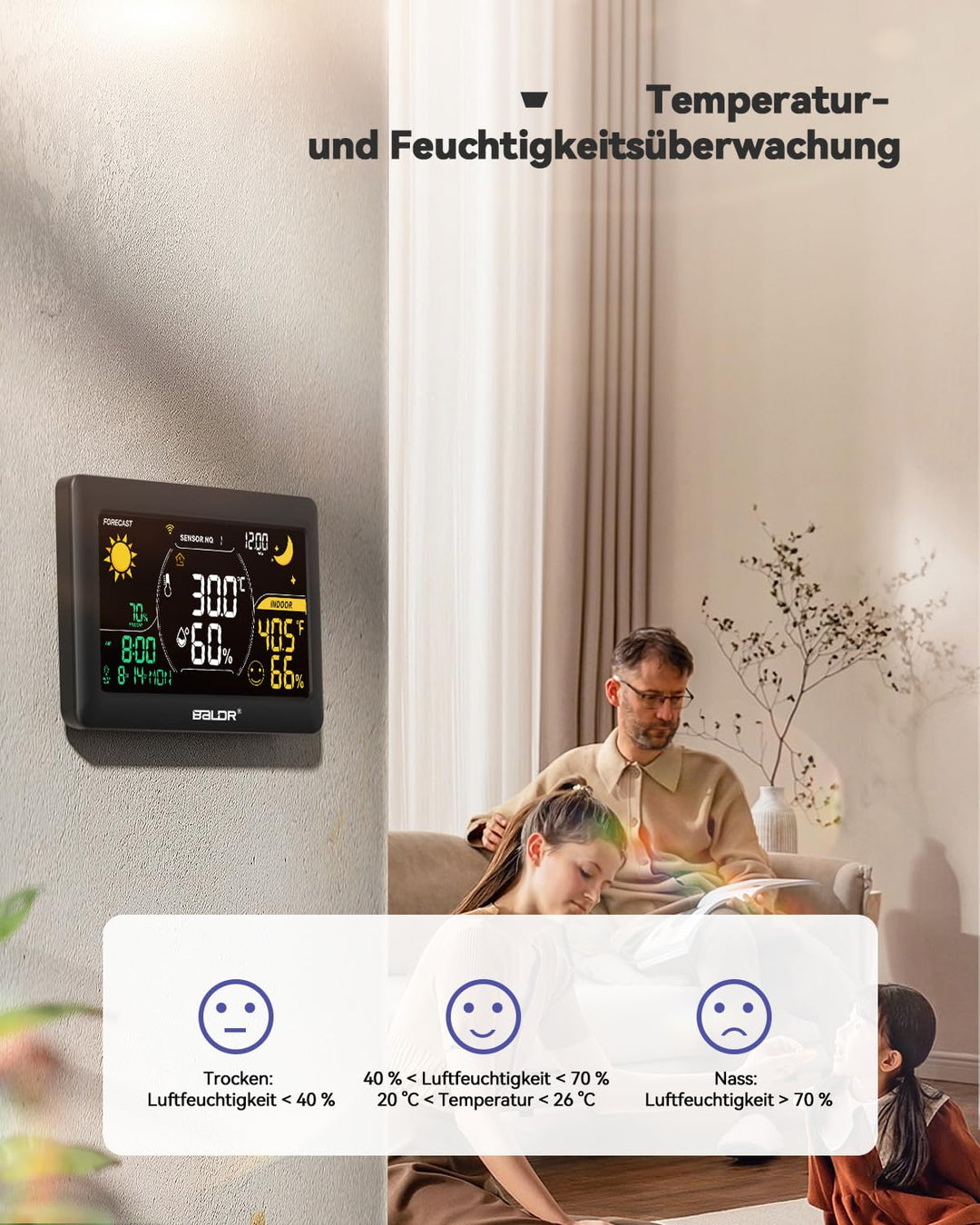 BALDR WLAN-Wetterstation mit App, 7,5-Zoll-Farbdisplay, 3 drahtlose Sensoren, kabellose Wetterstatio