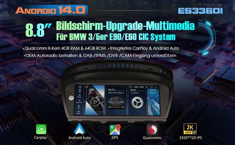 Erisin 8.8" Android 14 8-Kern 4GB RAM+64GB ROM Autoradio GPS Navi für BMW 3er E90 E91 E92 E93 5er E6
