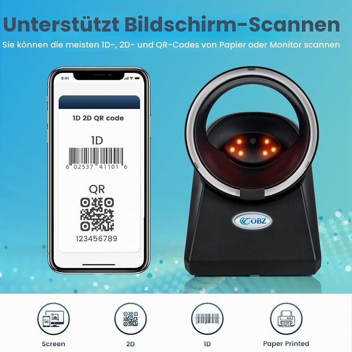 OBZ 1D 2D QR Desktop Barcode Scanner, QR Code Scanner Hands Free Barcode-Scanner USB Automatischer B
