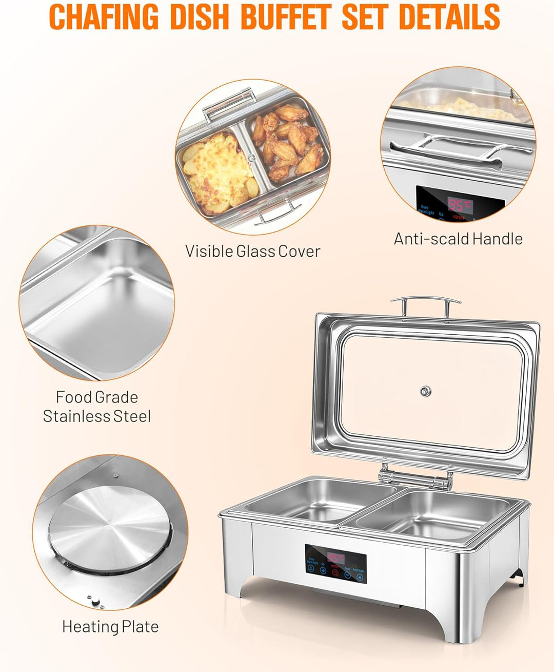 Chafing Dish Elektrisch, 9L Professioneller Speisenwärmer, Buffetwärmer mit Touchscreen Temperaturre