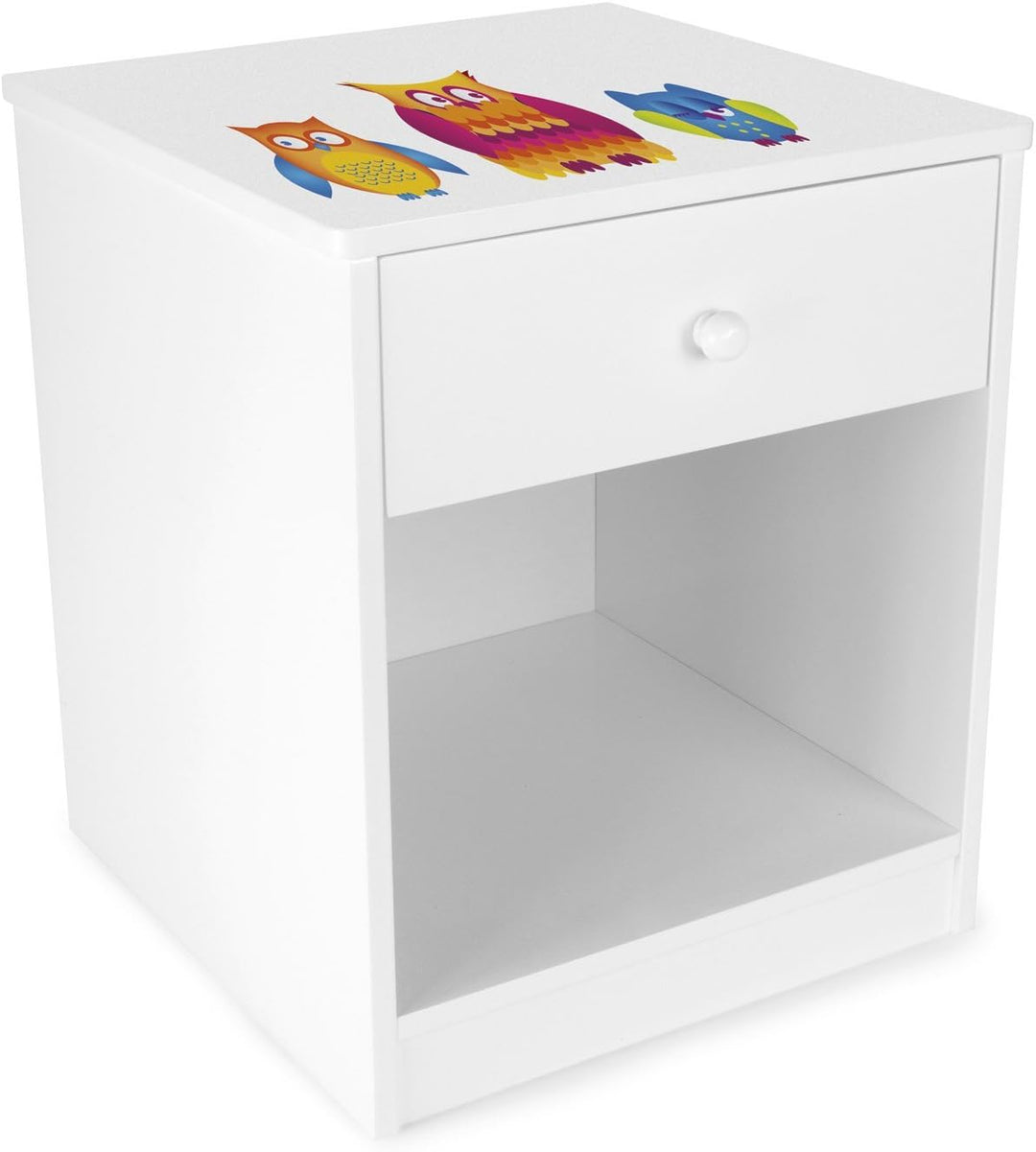 Leomark Nachttisch aus Holz - Eulen - Nachtschränkchen mit Schublade, Nachtschrank für Kinder, Weiss