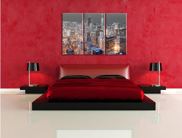 Pixxprint Luftaufnahme Chicago / 3-Teilig/Gesamtmass 120cm Leinwandbild bespannt auf Holzrahmen/Wand