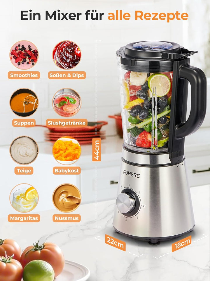 FOHERE Standmixer, 1100W Spitze, 1.5-Liter-Behälter, 5 Geschwindigkeitsstufe + Impulsfunktion, Mixer