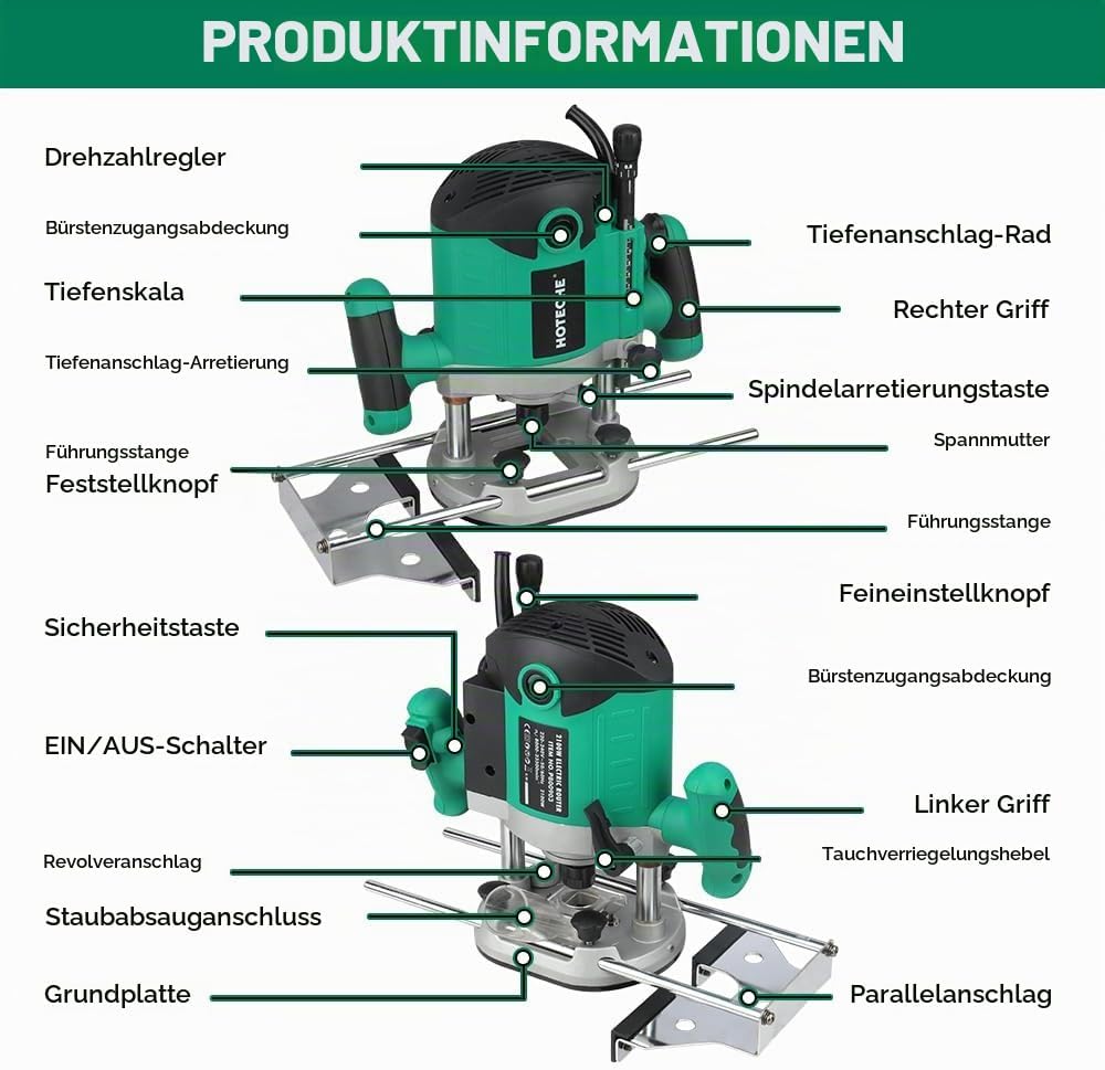Hoteche 2100W 12MM Oberfräse, 8000-23500 U/min, 55MM Arbeitstiefe, Aluminium-Grundplatte, inkl. Zube