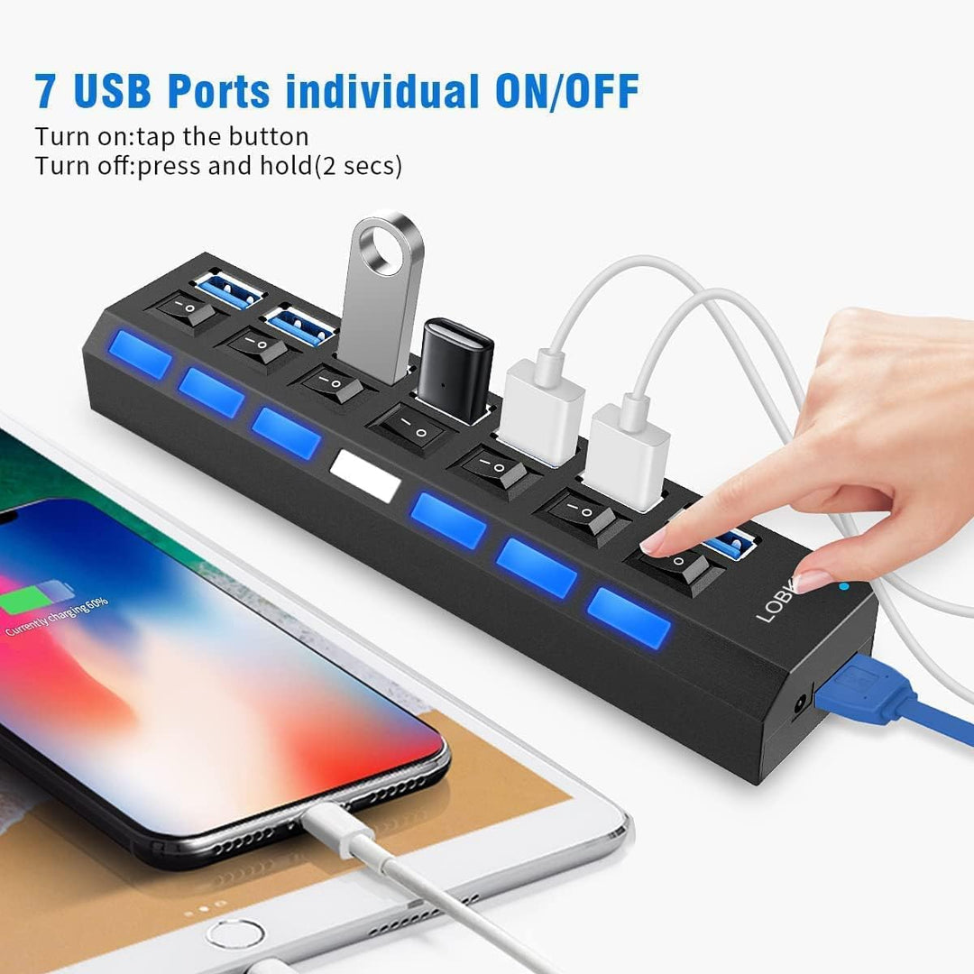 LOBKIN USB Hub 7-Port,Tragbar USB 3.0 Hub mit Einzelnen LED-Netzschaltern fur Laptop, PC, MacBook un