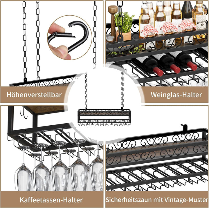 Deckenregal Weinregal Hängends Höhenverstellbare Deckenweinregal mit Glashalter Eisenkette Verstellb