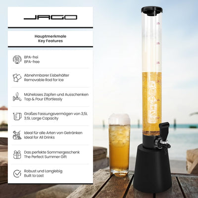 Jago® Biersäule mit Zapfhahn - 3.5L Volumen, 90cm hoch, Füllstandsanzeige, mit Ständer, BPA-frei, LF