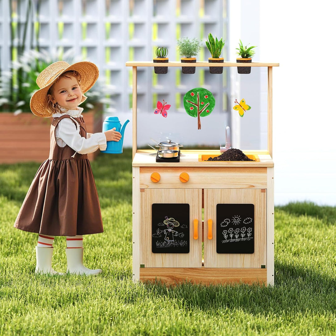 COSTWAY Matschküche Kinder Outdoor, Kinderküche Holz mit Pflanzentöpfen & Kochzubehör, Spielküche mi