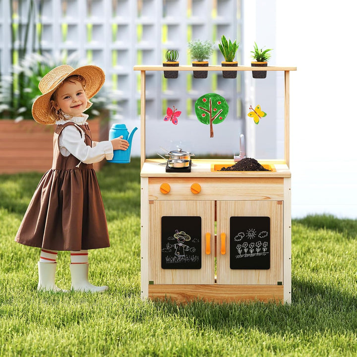COSTWAY Matschküche Kinder Outdoor, Kinderküche Holz mit Pflanzentöpfen & Kochzubehör, Spielküche mi