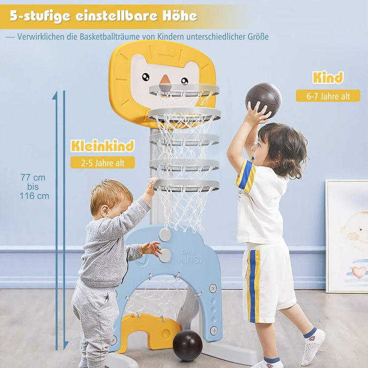 DREAMADE Mini Basketballkorb Kinder, 77-116 cm höhenverstellbarer Basketballständer mit Fussballkorb