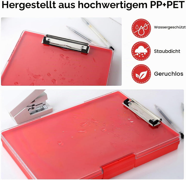 FRETONBA Klemmbrett a4 mit Aufbewahrungsfach, Rot Kunststoff-Klemmbrett, Leichtes Zwischenablage, Tr