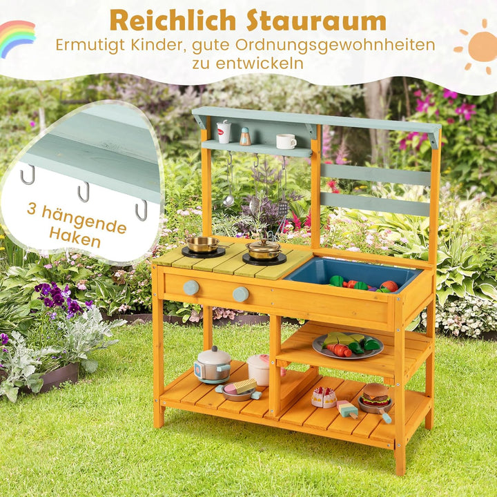 COSTWAY Matschküche Kinder Outdoor, Kinderküche Holz mit Spüle, Spielküche mit Haken & abnehmbarem R