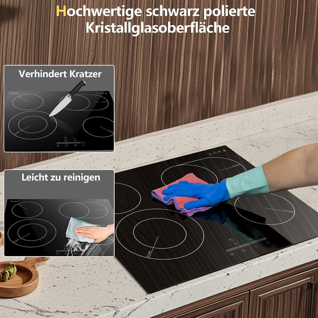 Karinear Glaskeramikkochfeld 4 Platten Einbau mit mit Ovalbrenner, Elektrokochfeld 60 cm mit Slider-