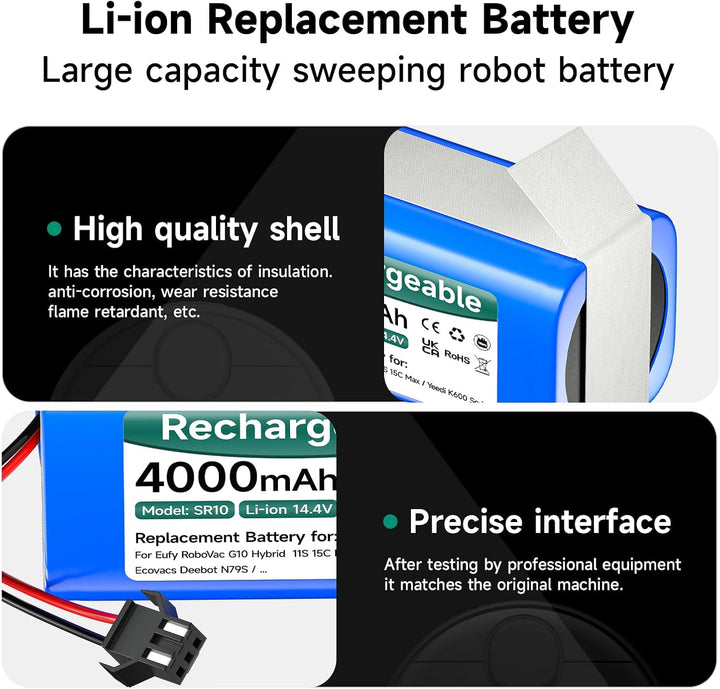 4000mAh 14,4V Ersatzakku für Eufy RoboVac G10 G20 G30 G35 G40 Hybrid, für Eufy RoboVac 11 11S 11S Ma