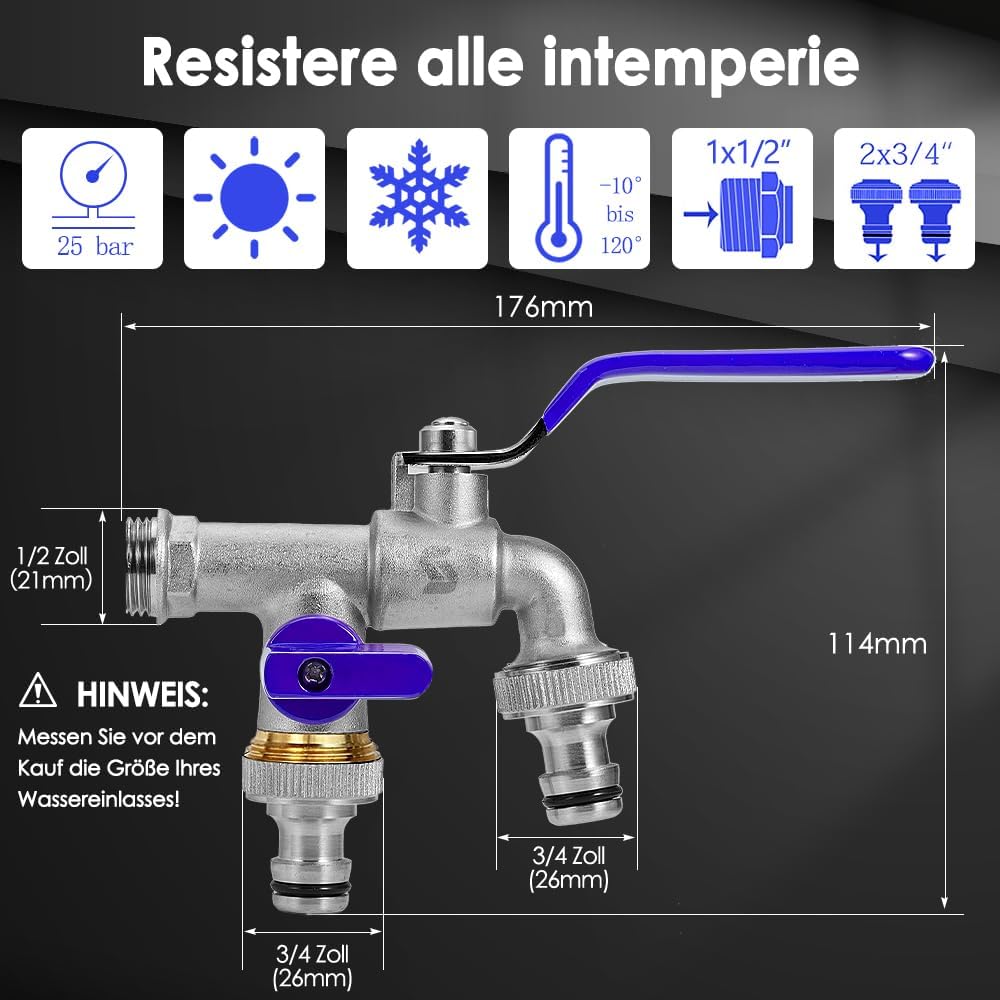 SPGOOD Garten Wasserhahn, Doppel Auslaufhahn 1/2 Messing Wasserhahn Rost- und Frostbeständig mit 2 x