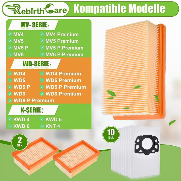 10 Stück Staubsaugerbeutel und 2 Filter als Ersatz für Kärcher WD5 WD6 WD4 WD5P Premium MV4 MV5 MV6,