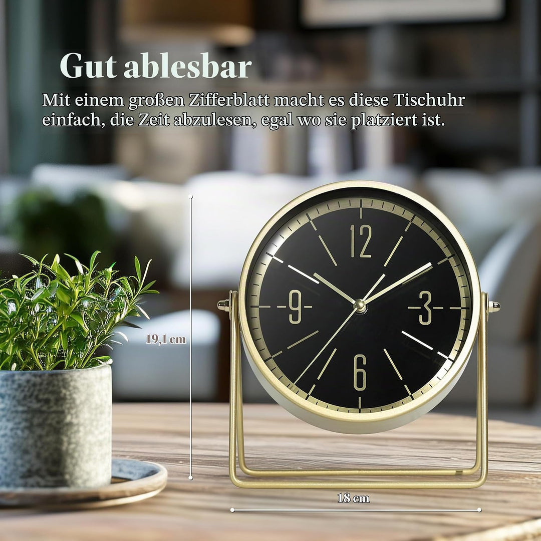 Vintage Metall-Tischuhr – Leise Kaminuhr ohne Ticken mit verstellbarem Winkel, Analoge Standuhr im R
