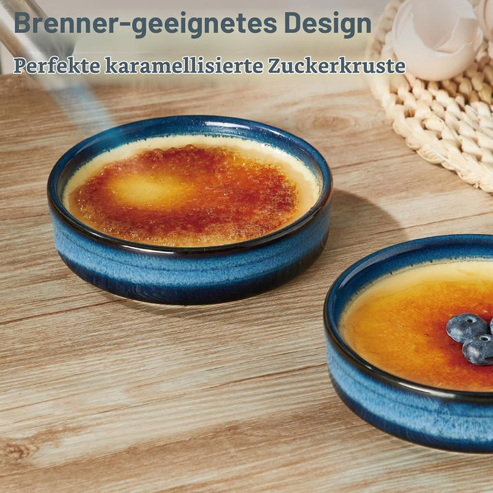 ONEMORE Auflaufförmchen, 6 Stück Soufflé-Förmchen, flache Keramik-Crème-Brûlée-Schälchen, 118 ml, bl