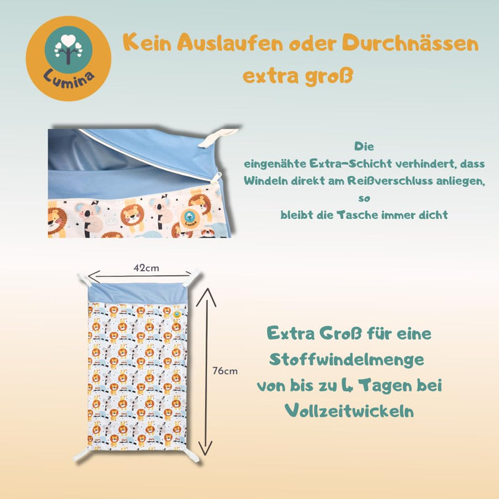 Lumina Wetbag XL – Nassbeutel für Stoffwindeln, Kindergarten &amp; Schwimmsachen – Windeltasche mit 2 Re